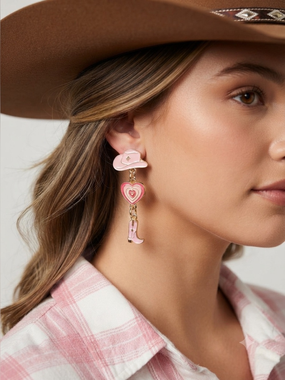 Western Pink Cowgirl Earrings | Boot Hat Heart Rodeo Dangles